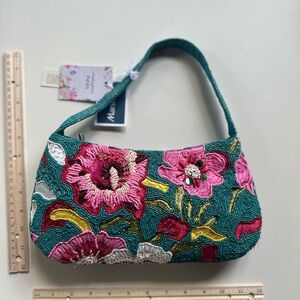 Floral Beaded Shoulder Bag in Pink and Teal